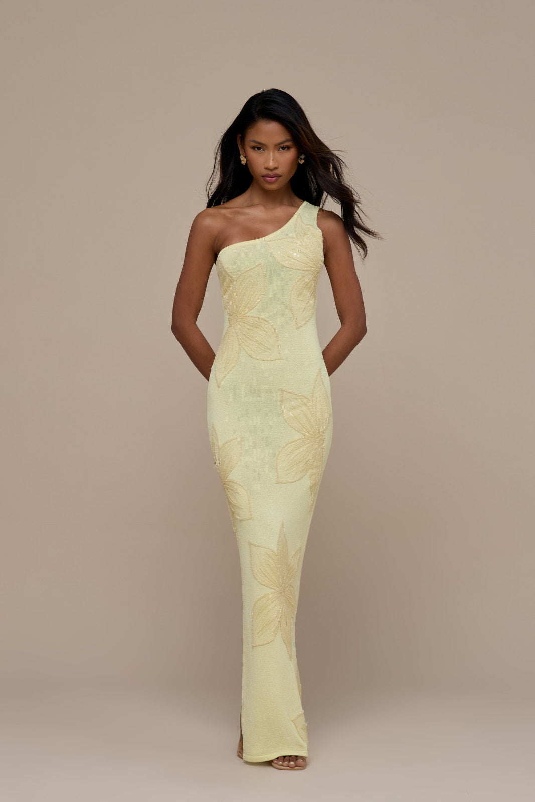 FLOSSIE KNITTED MAXI DRESS WITH BEADED FLORAL DETAIL | LEMON