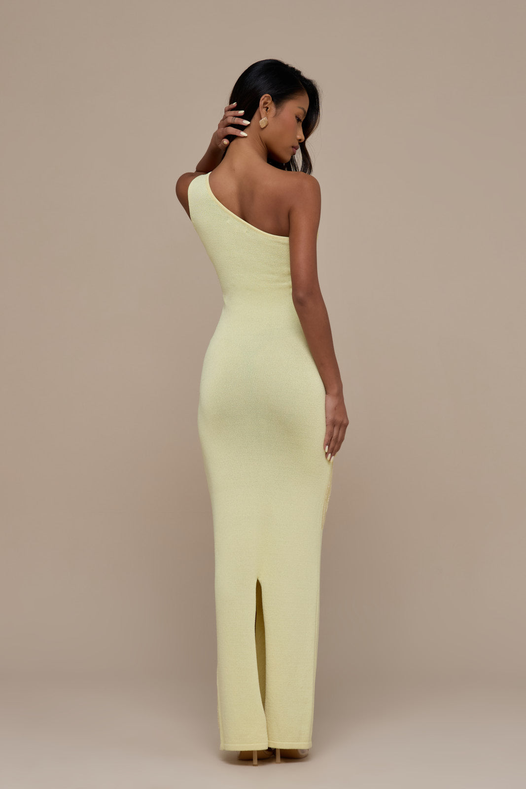 FLOSSIE KNITTED MAXI DRESS WITH BEADED FLORAL DETAIL | LEMON