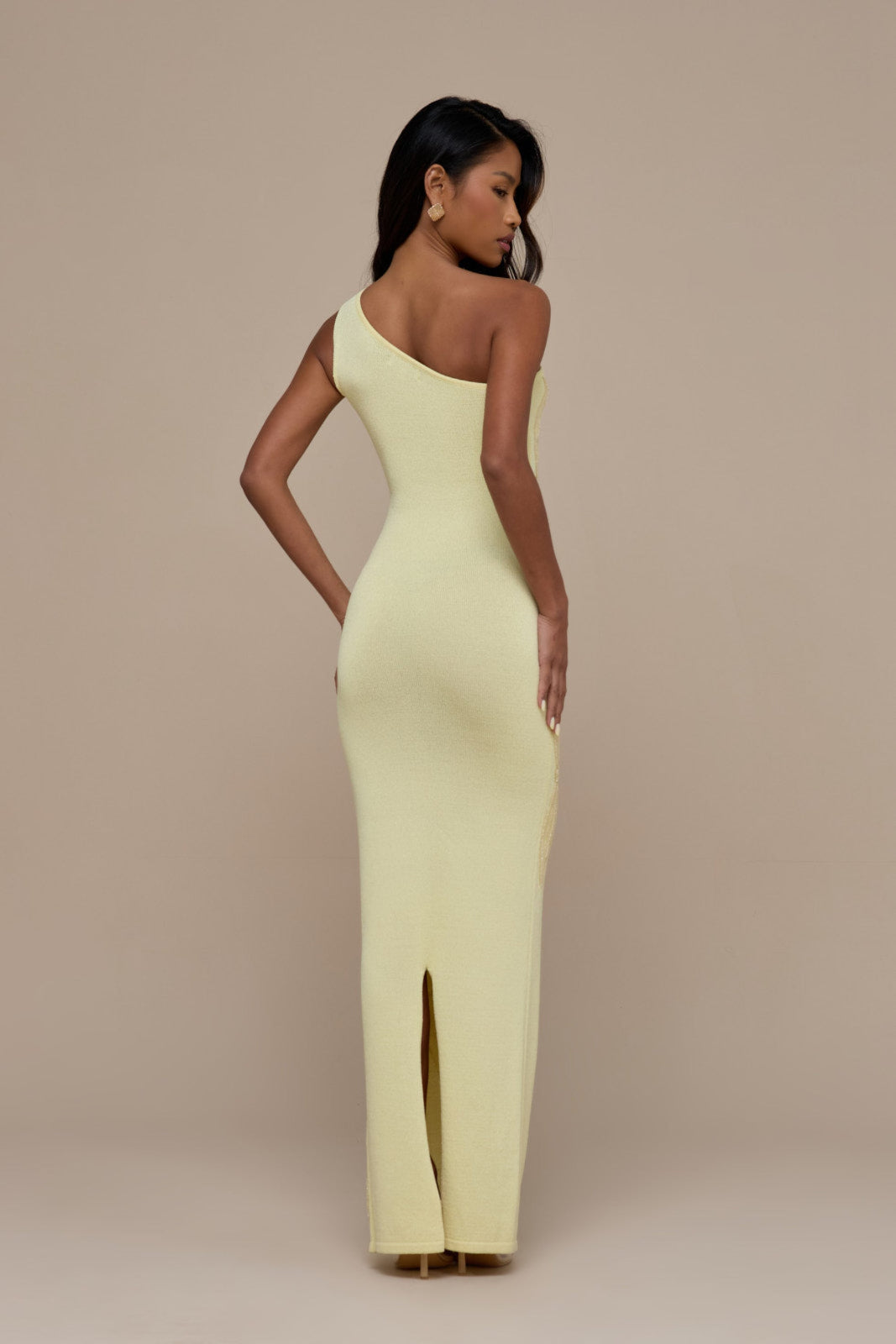 FLOSSIE KNITTED MAXI DRESS WITH BEADED FLORAL DETAIL | LEMON