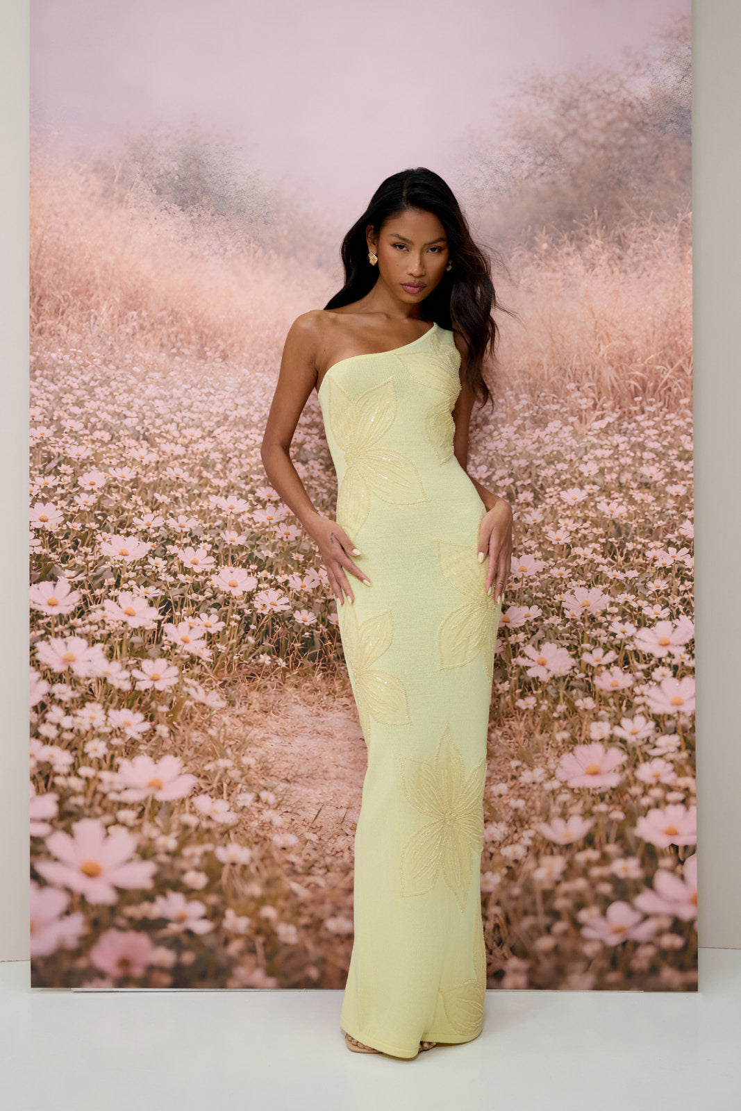 FLOSSIE KNITTED MAXI DRESS WITH BEADED FLORAL DETAIL | LEMON