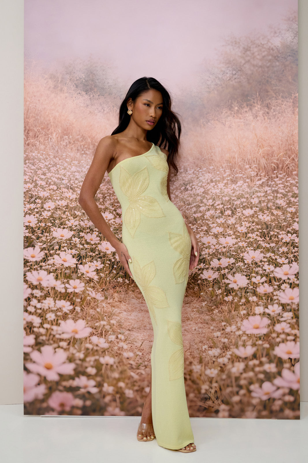 FLOSSIE KNITTED MAXI DRESS WITH BEADED FLORAL DETAIL | LEMON