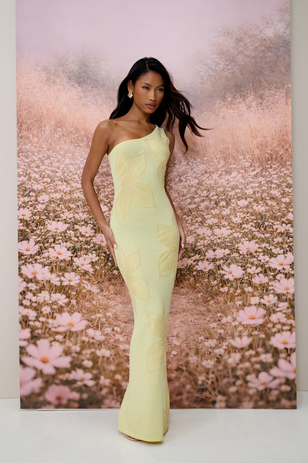 FLOSSIE KNITTED MAXI DRESS WITH BEADED FLORAL DETAIL | LEMON