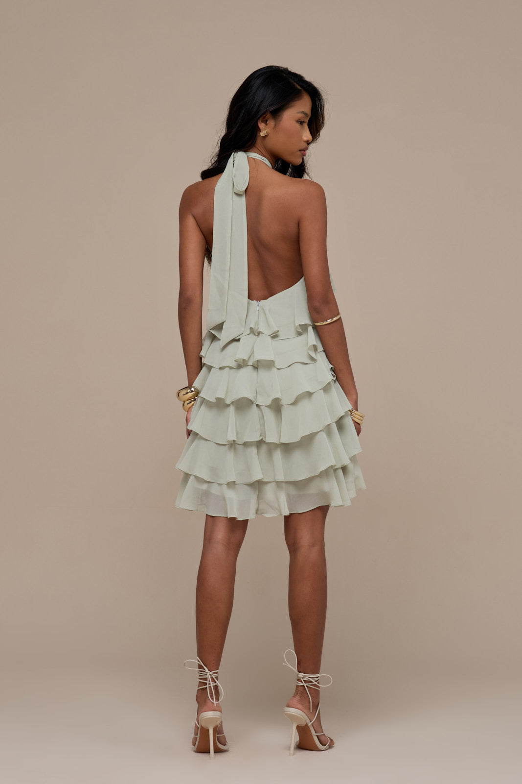 PRIMROSE HALTER NECK TIERED RUFFLE MINI DRESS | SAGE