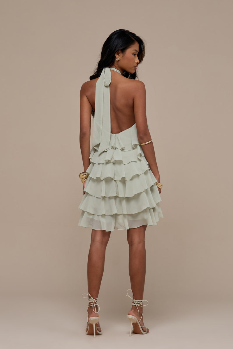 PRIMROSE HALTER NECK TIERED RUFFLE MINI DRESS | SAGE