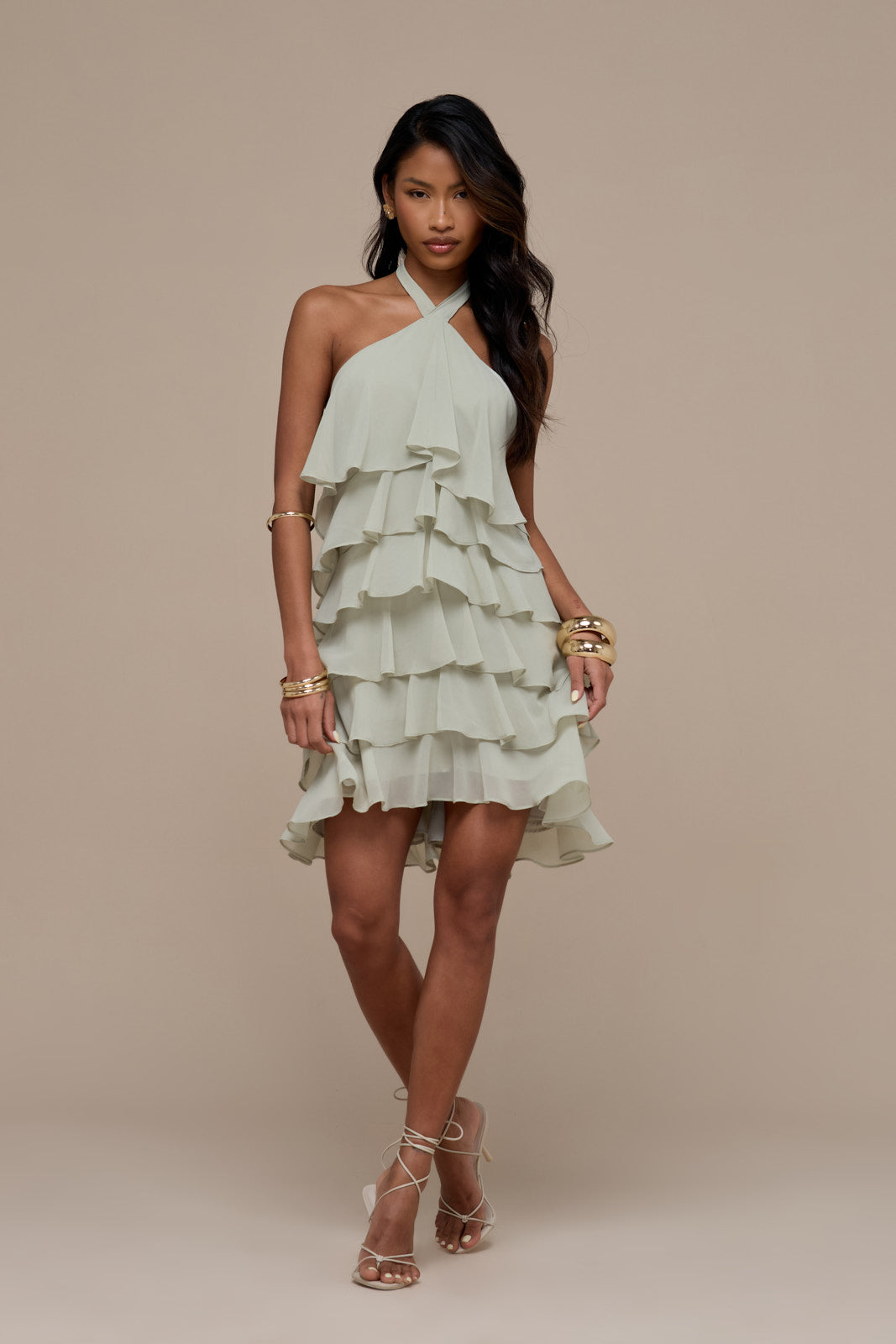 PRIMROSE HALTER NECK TIERED RUFFLE MINI DRESS | SAGE