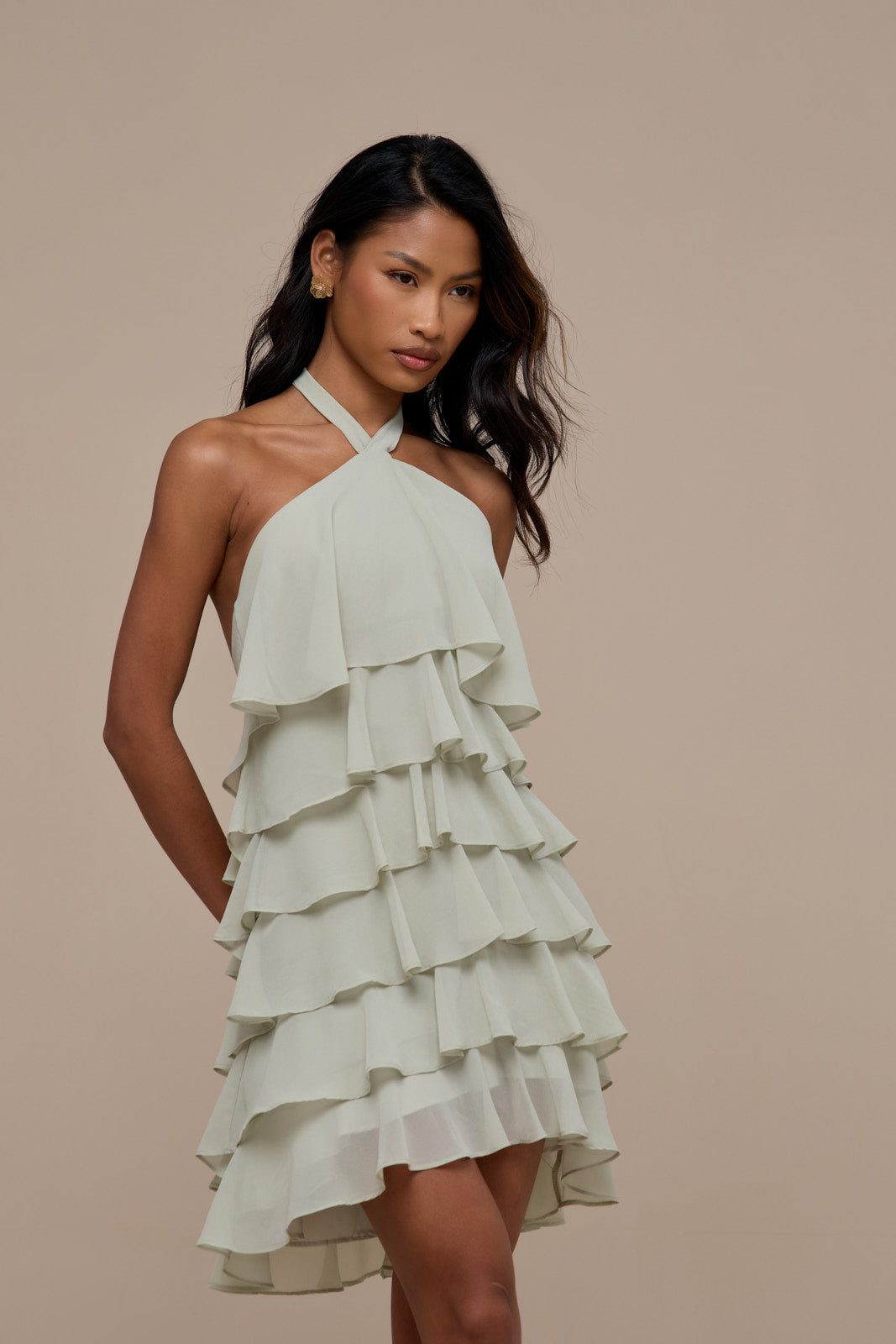 PRIMROSE HALTER NECK TIERED RUFFLE MINI DRESS | SAGE