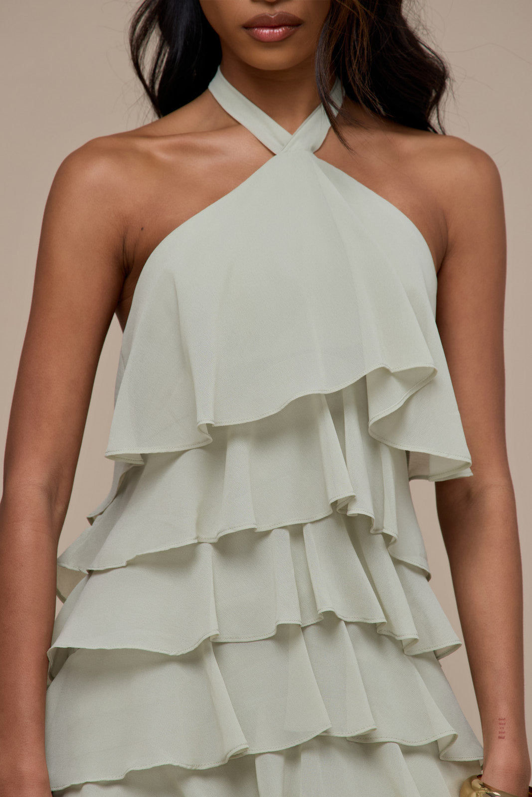 PRIMROSE HALTER NECK TIERED RUFFLE MINI DRESS | SAGE