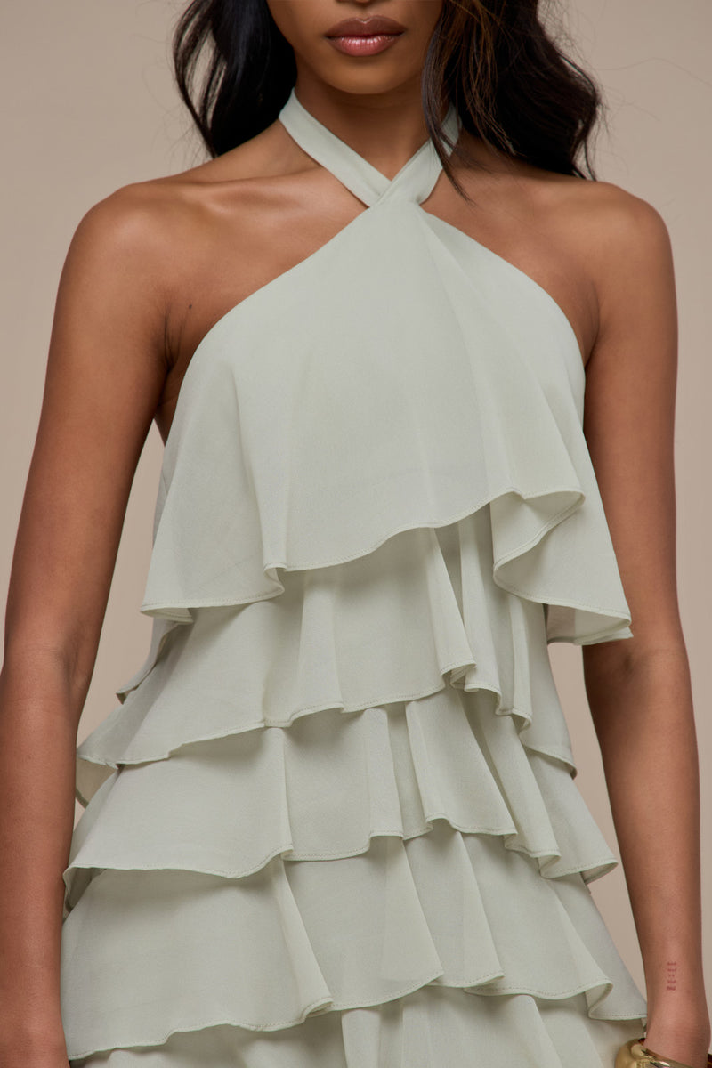 PRIMROSE HALTER NECK TIERED RUFFLE MINI DRESS | SAGE