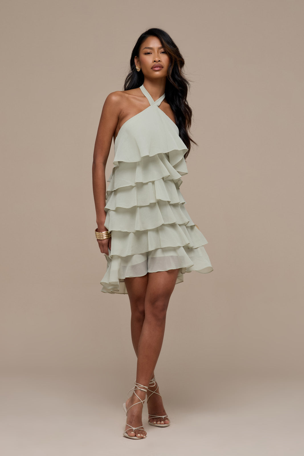 PRIMROSE HALTER NECK TIERED RUFFLE MINI DRESS | SAGE