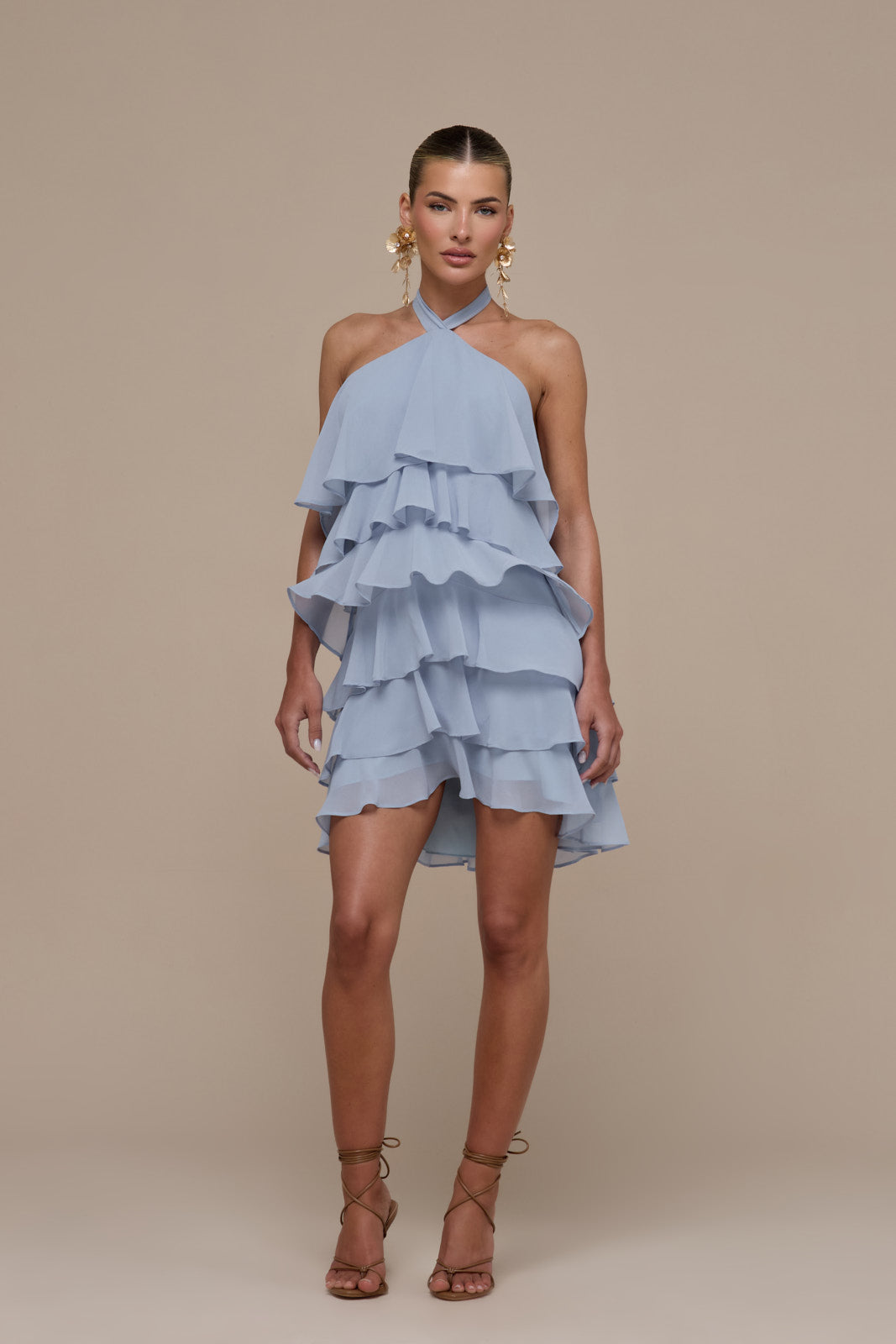 PRIMROSE HALTER NECK TIERED RUFFLE MINI DRESS | POWDER BLUE