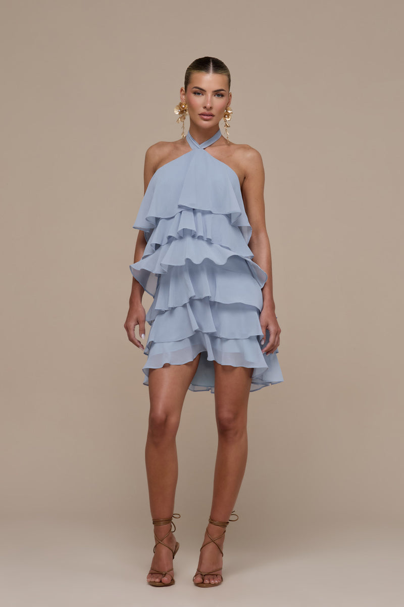 PRIMROSE HALTER NECK TIERED RUFFLE MINI DRESS | POWDER BLUE