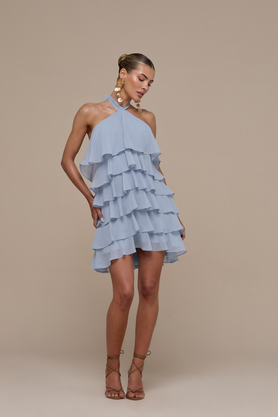 PRIMROSE HALTER NECK TIERED RUFFLE MINI DRESS | POWDER BLUE