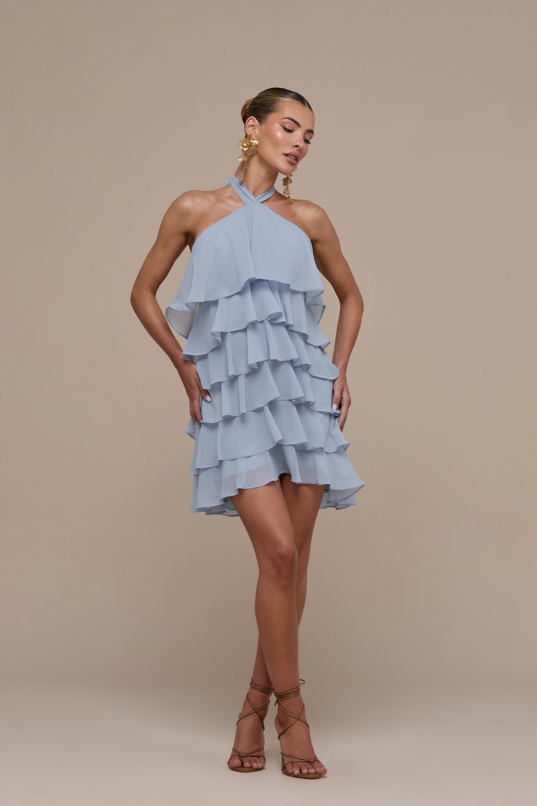 PRIMROSE HALTER NECK TIERED RUFFLE MINI DRESS | POWDER BLUE