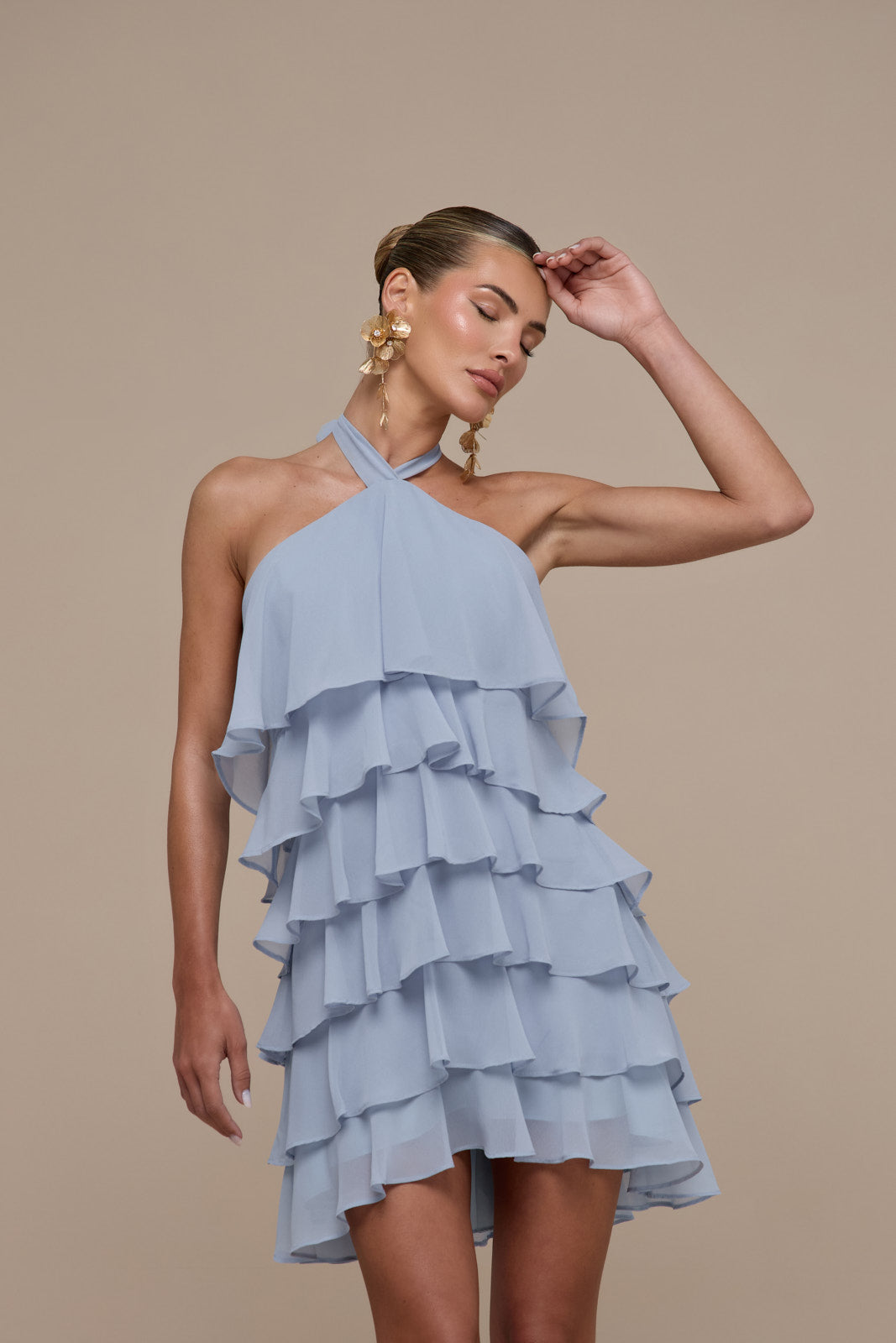 PRIMROSE HALTER NECK TIERED RUFFLE MINI DRESS | POWDER BLUE