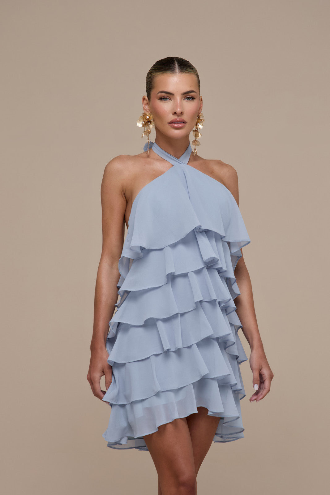 PRIMROSE HALTER NECK TIERED RUFFLE MINI DRESS | POWDER BLUE