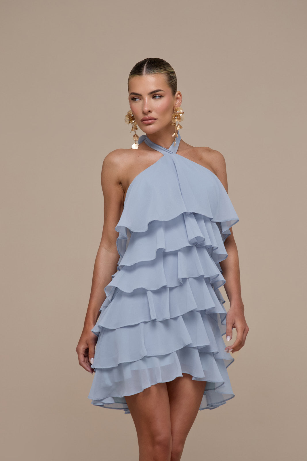 PRIMROSE HALTER NECK TIERED RUFFLE MINI DRESS | POWDER BLUE