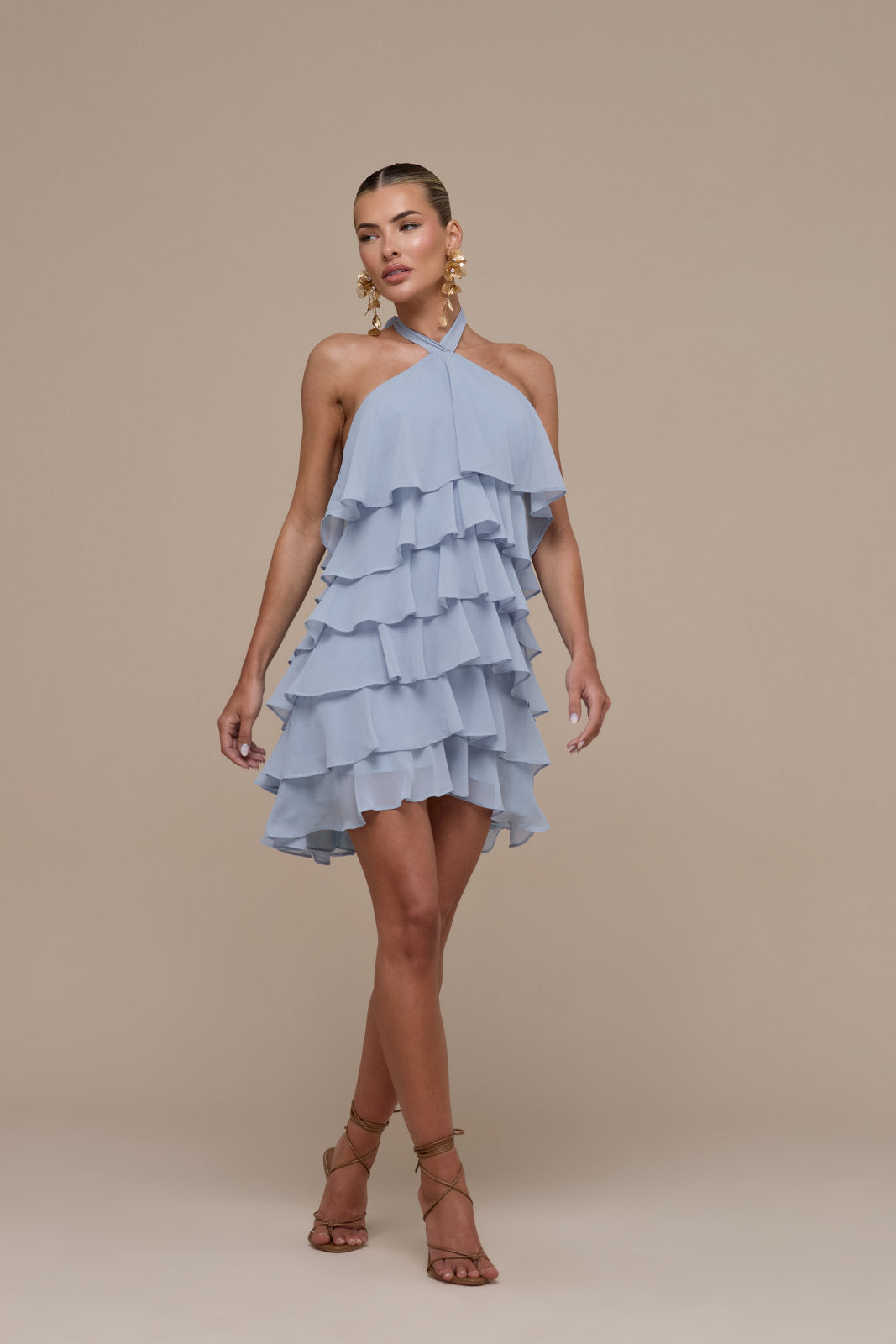 PRIMROSE HALTER NECK TIERED RUFFLE MINI DRESS | POWDER BLUE