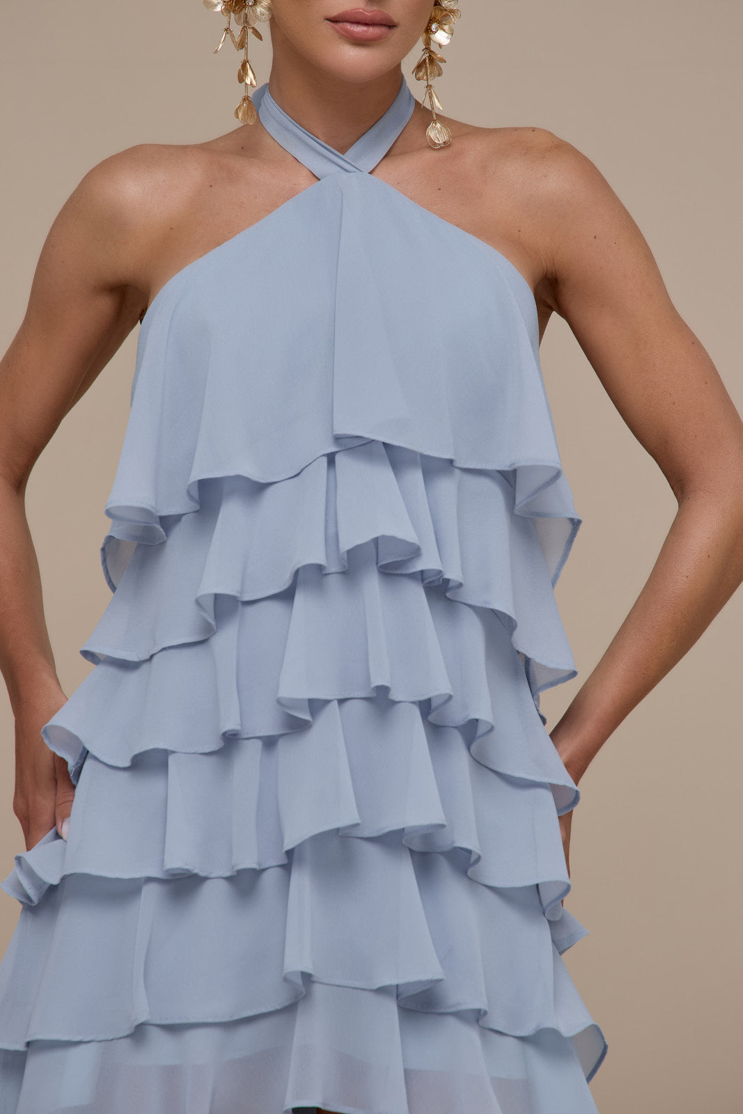 PRIMROSE HALTER NECK TIERED RUFFLE MINI DRESS | POWDER BLUE