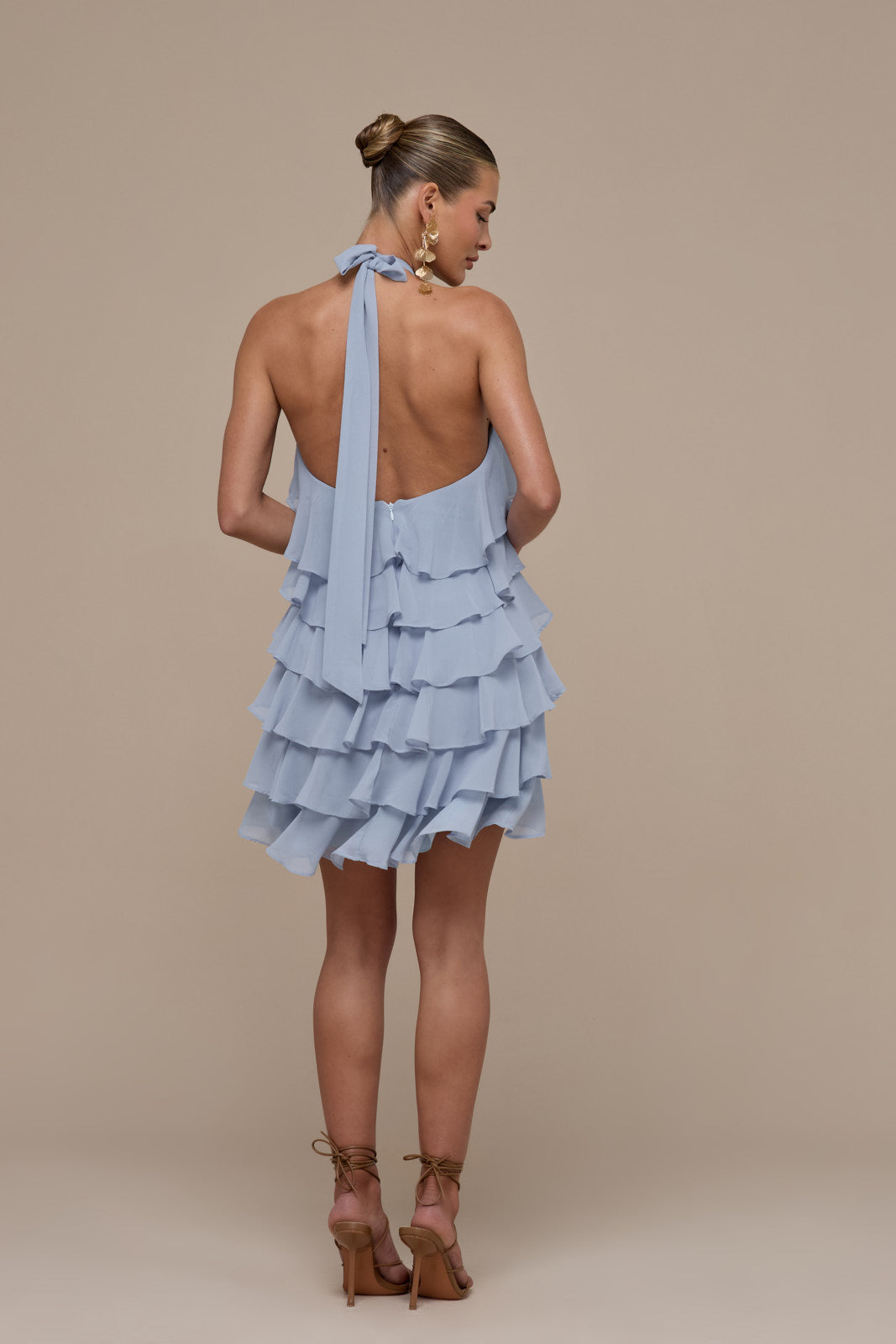 PRIMROSE HALTER NECK TIERED RUFFLE MINI DRESS | POWDER BLUE