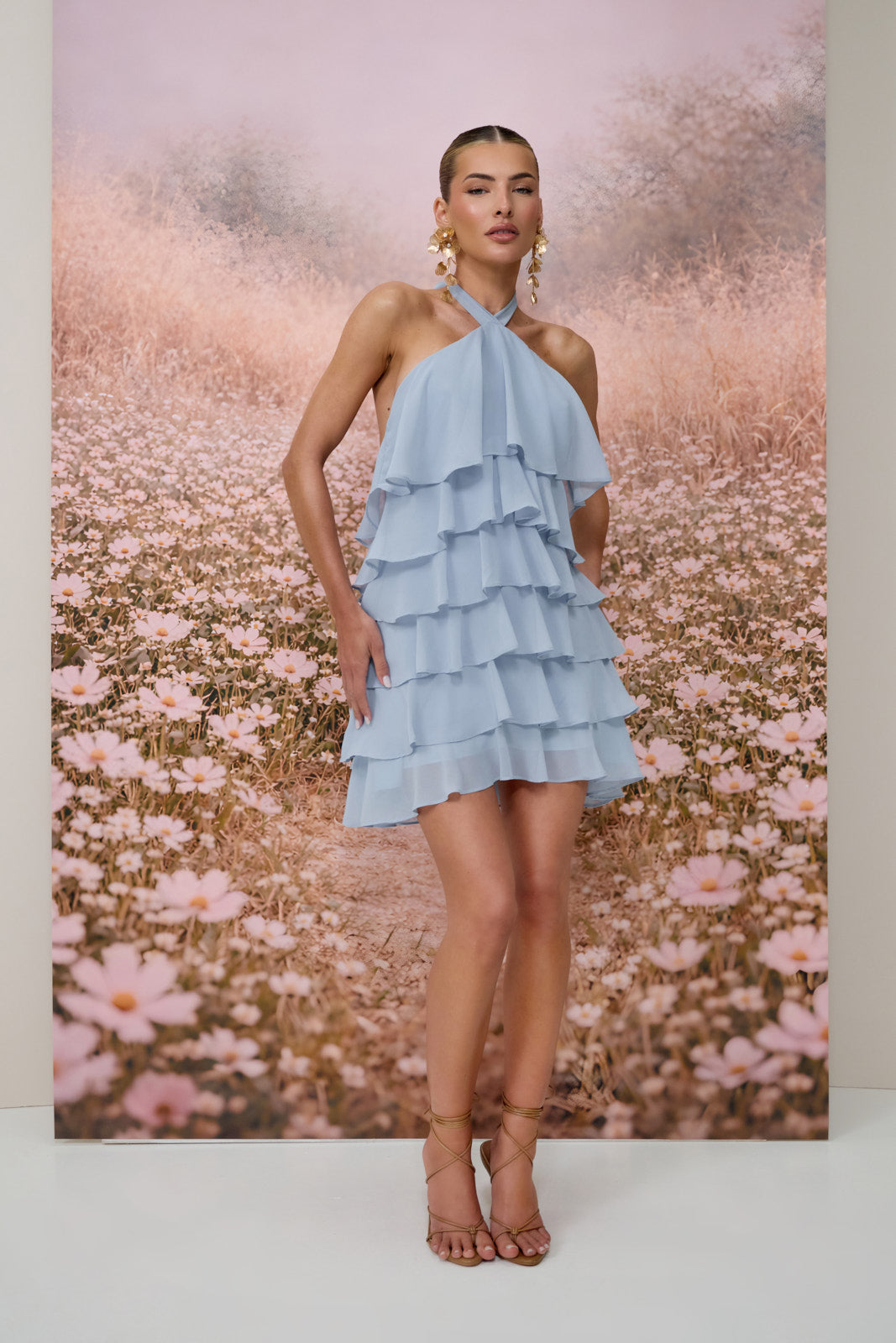 PRIMROSE HALTER NECK TIERED RUFFLE MINI DRESS | POWDER BLUE