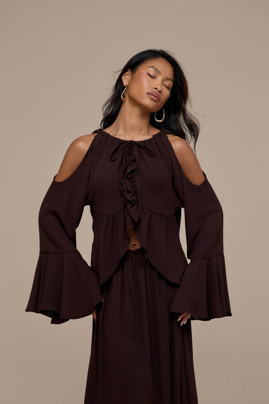 MEADOW HALTER NECK TOP WITH LONG SLEEVES | CHOCOLATE BROWN