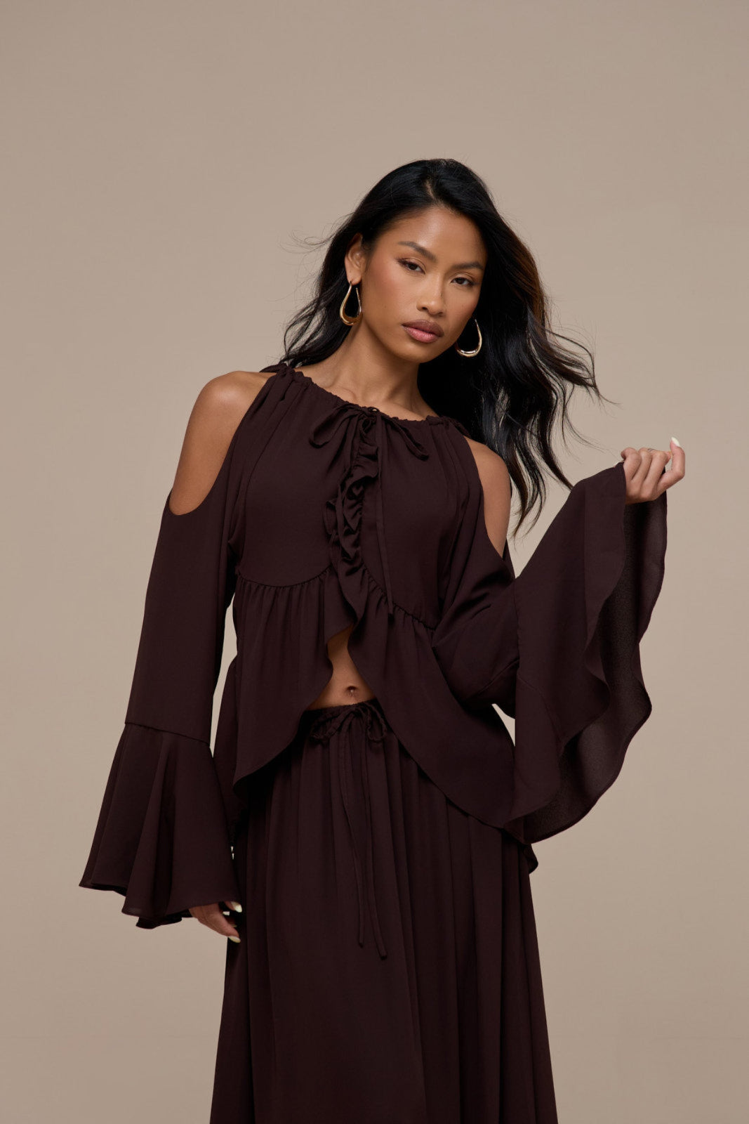 MEADOW HALTER NECK TOP WITH LONG SLEEVES | CHOCOLATE BROWN
