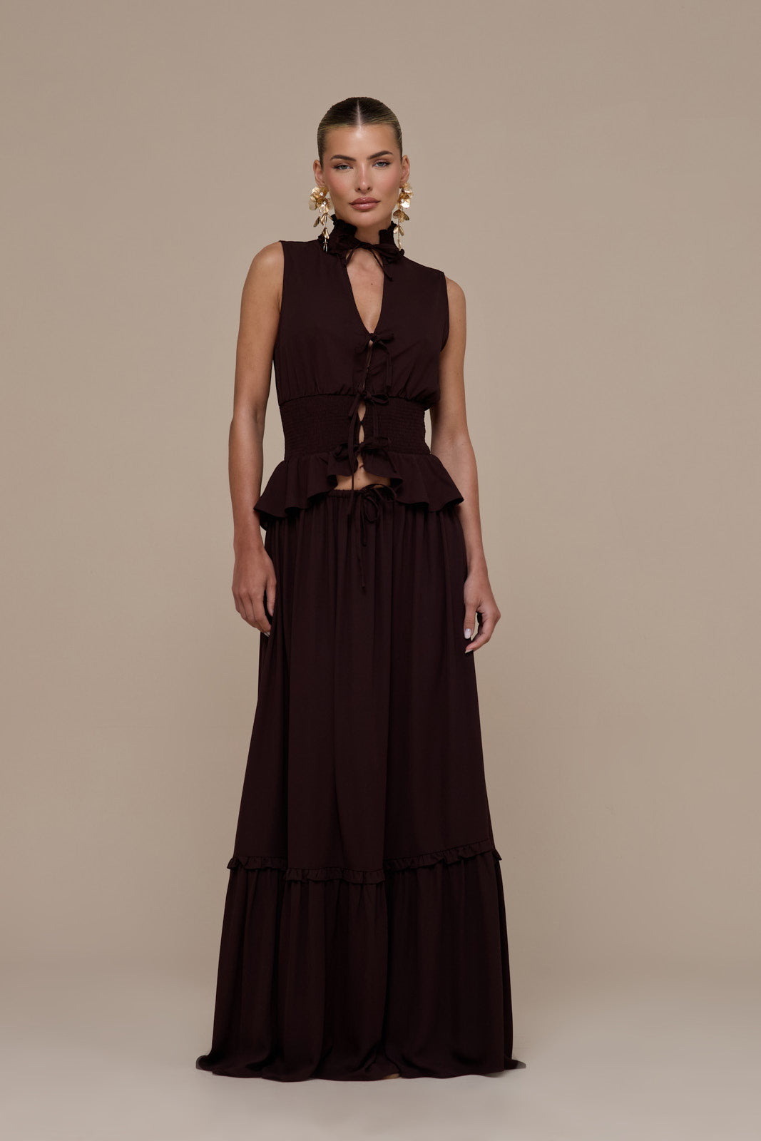 PRIMROSE SLEEVELESS HIGH-NECK LACE UP TOP | CHOCOLATE BROWN