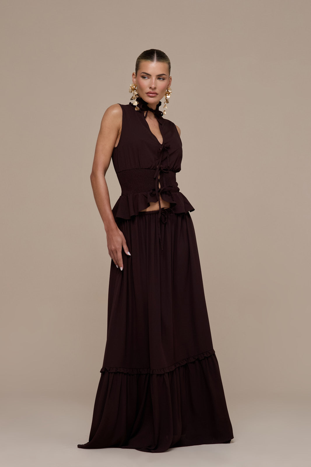PRIMROSE SLEEVELESS HIGH-NECK LACE UP TOP | CHOCOLATE BROWN