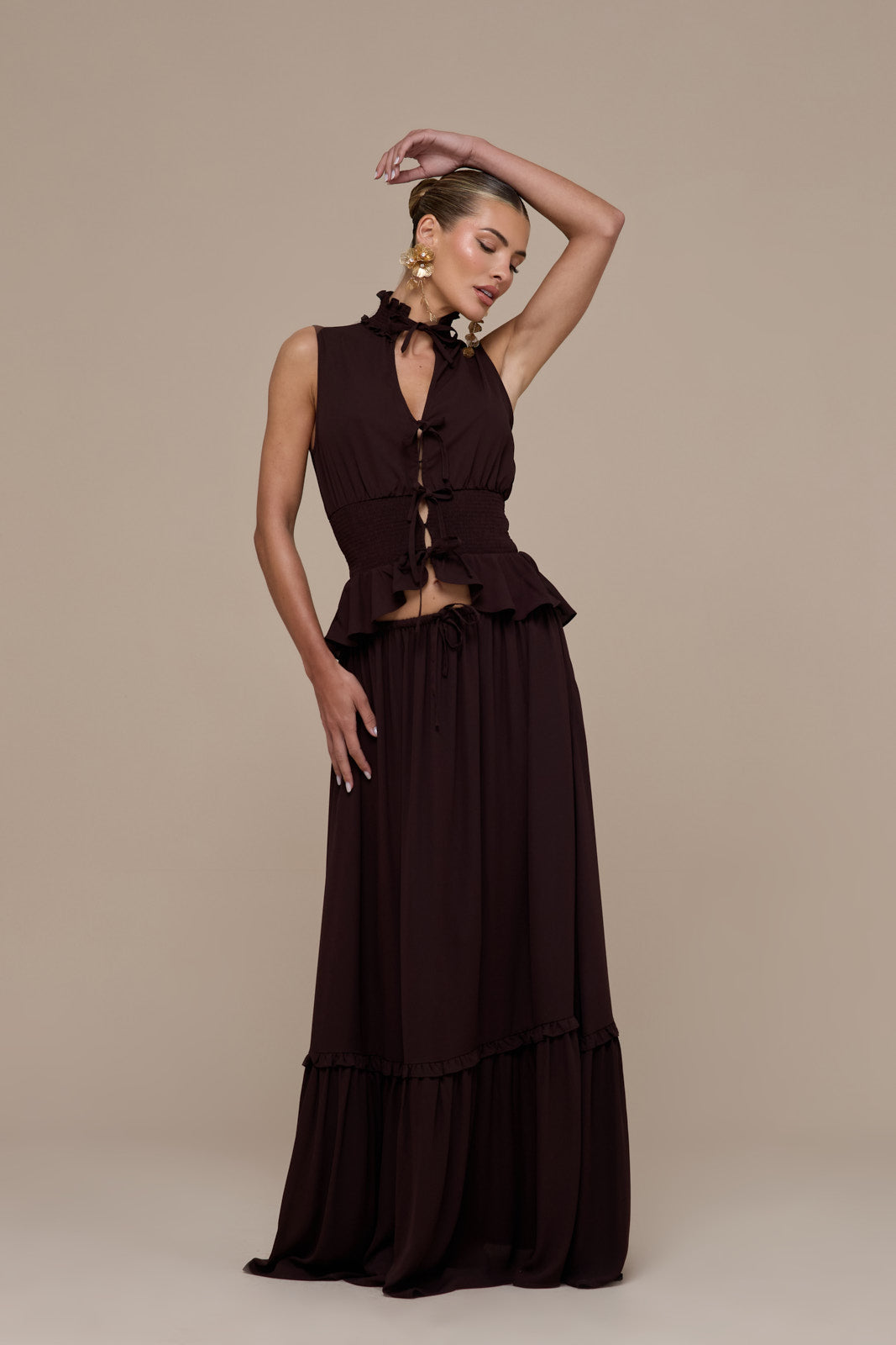 PRIMROSE SLEEVELESS HIGH-NECK LACE UP TOP | CHOCOLATE BROWN