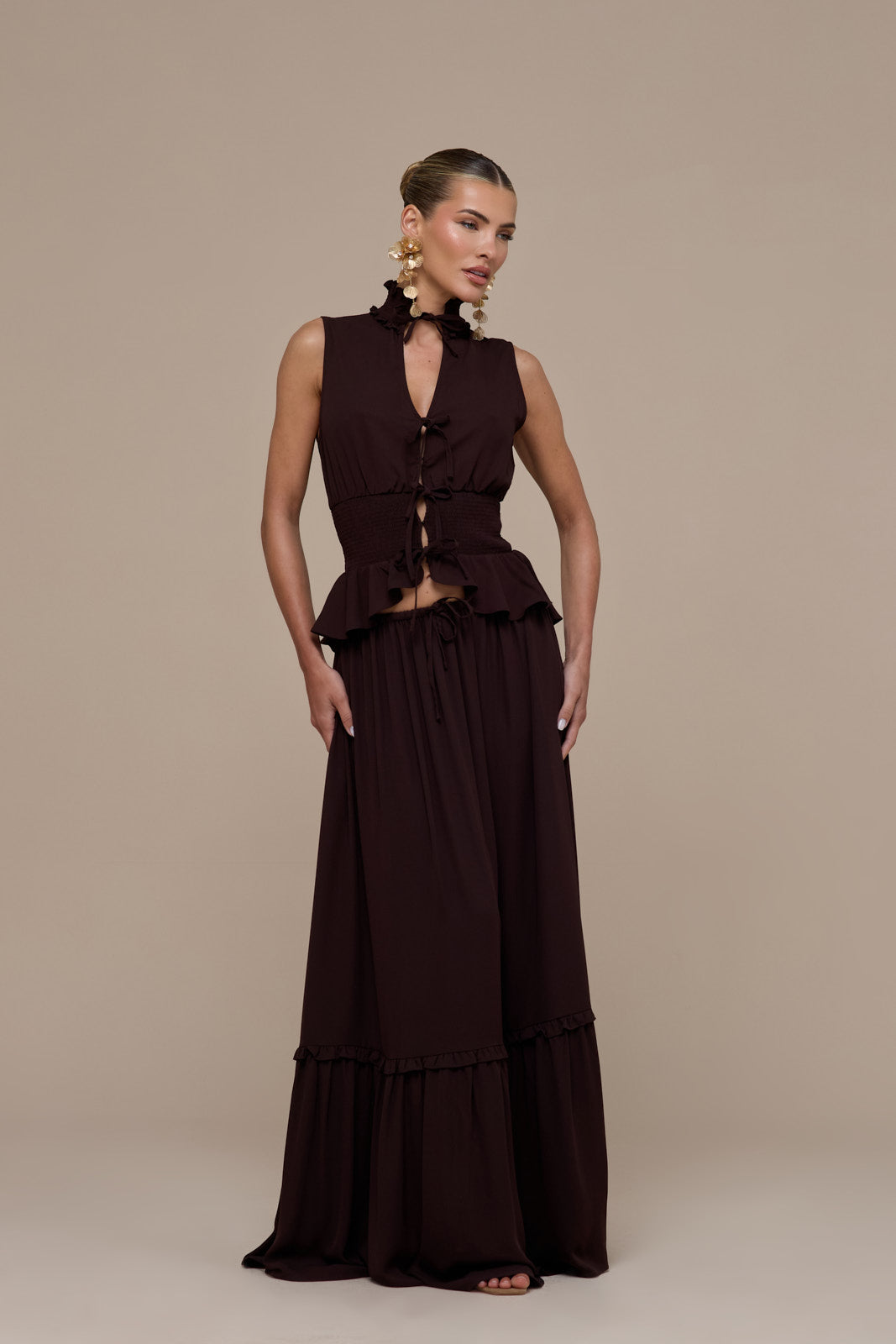 PRIMROSE SLEEVELESS HIGH-NECK LACE UP TOP | CHOCOLATE BROWN
