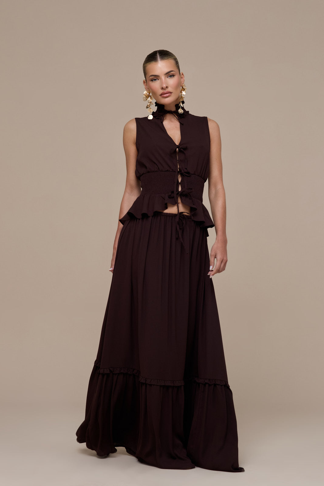 PRIMROSE SLEEVELESS HIGH-NECK LACE UP TOP | CHOCOLATE BROWN