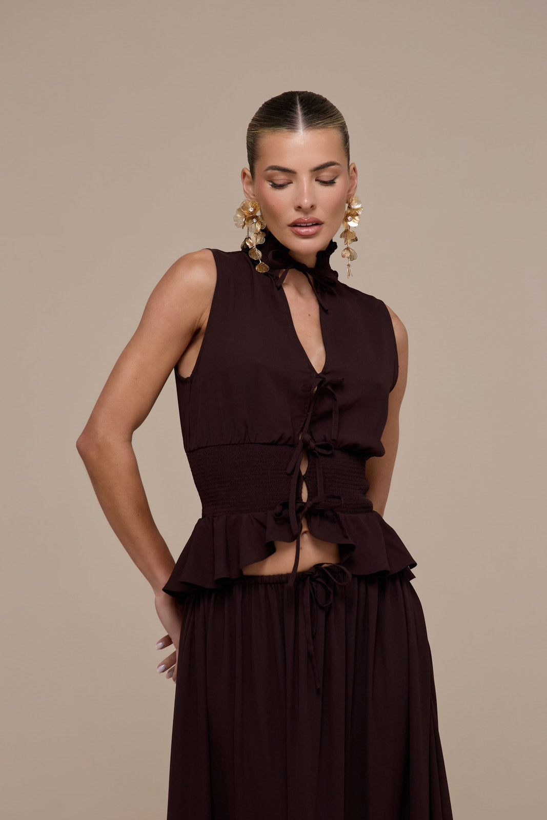 PRIMROSE SLEEVELESS HIGH-NECK LACE UP TOP | CHOCOLATE BROWN