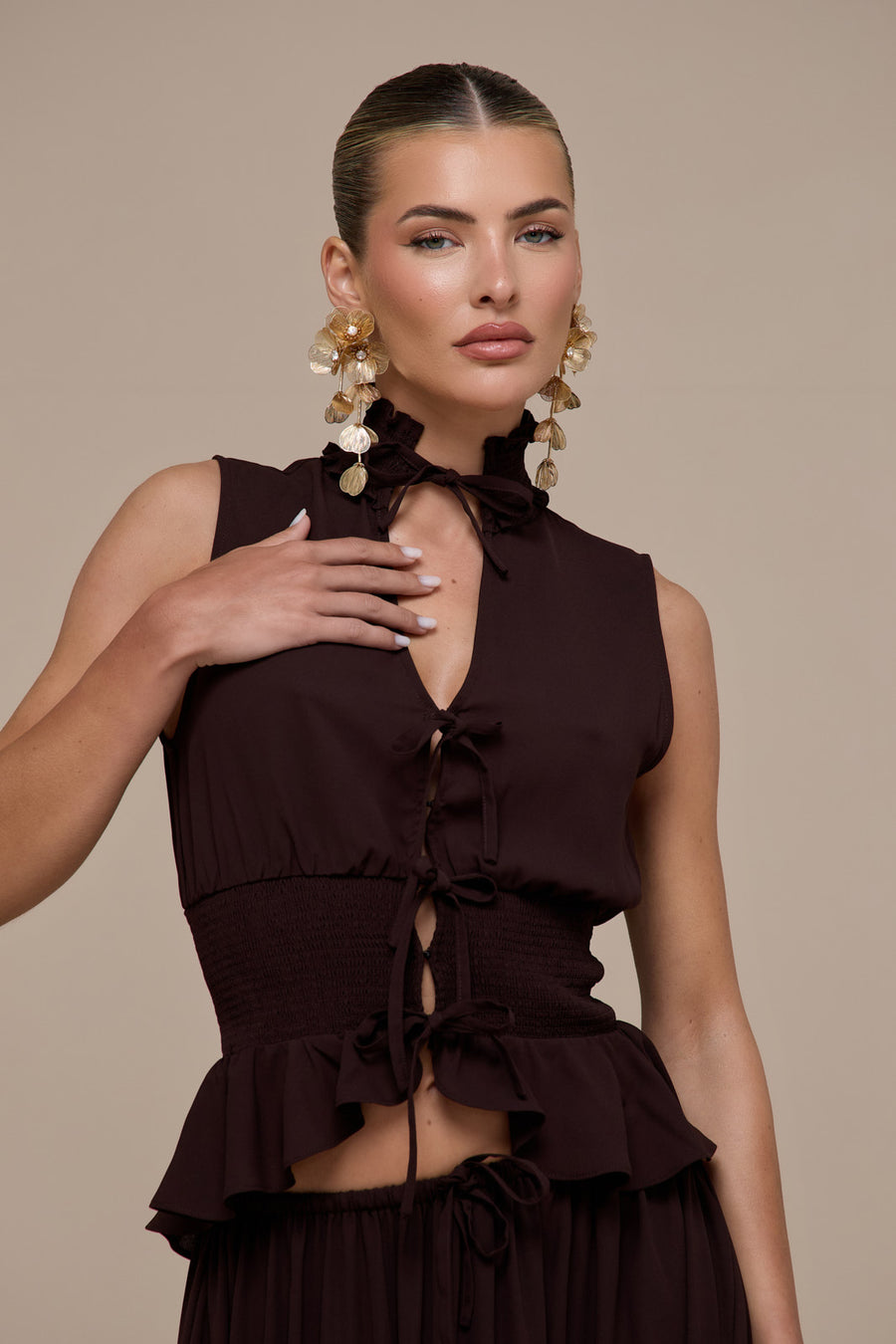 PRIMROSE SLEEVELESS HIGH-NECK LACE UP TOP | CHOCOLATE BROWN
