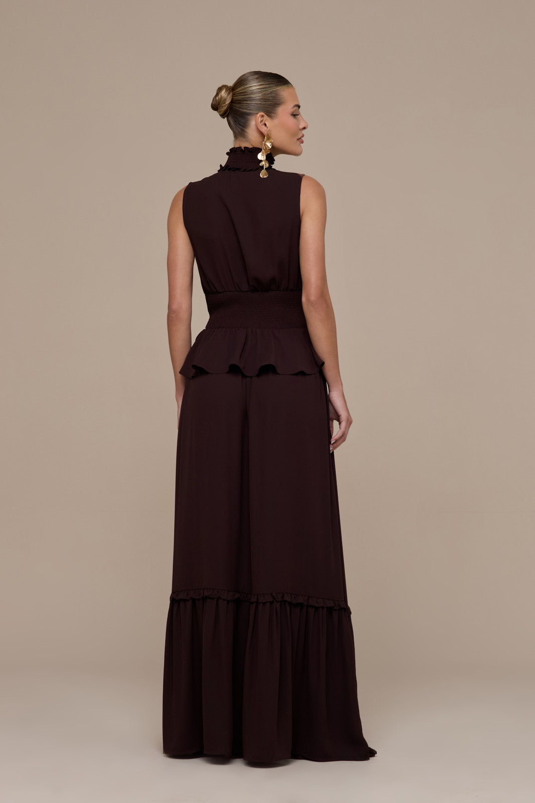 PRIMROSE SLEEVELESS HIGH-NECK LACE UP TOP | CHOCOLATE BROWN