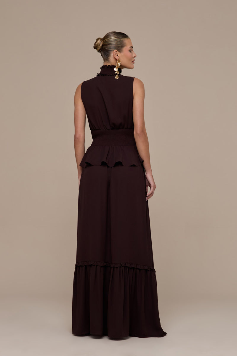 PRIMROSE SLEEVELESS HIGH-NECK LACE UP TOP | CHOCOLATE BROWN