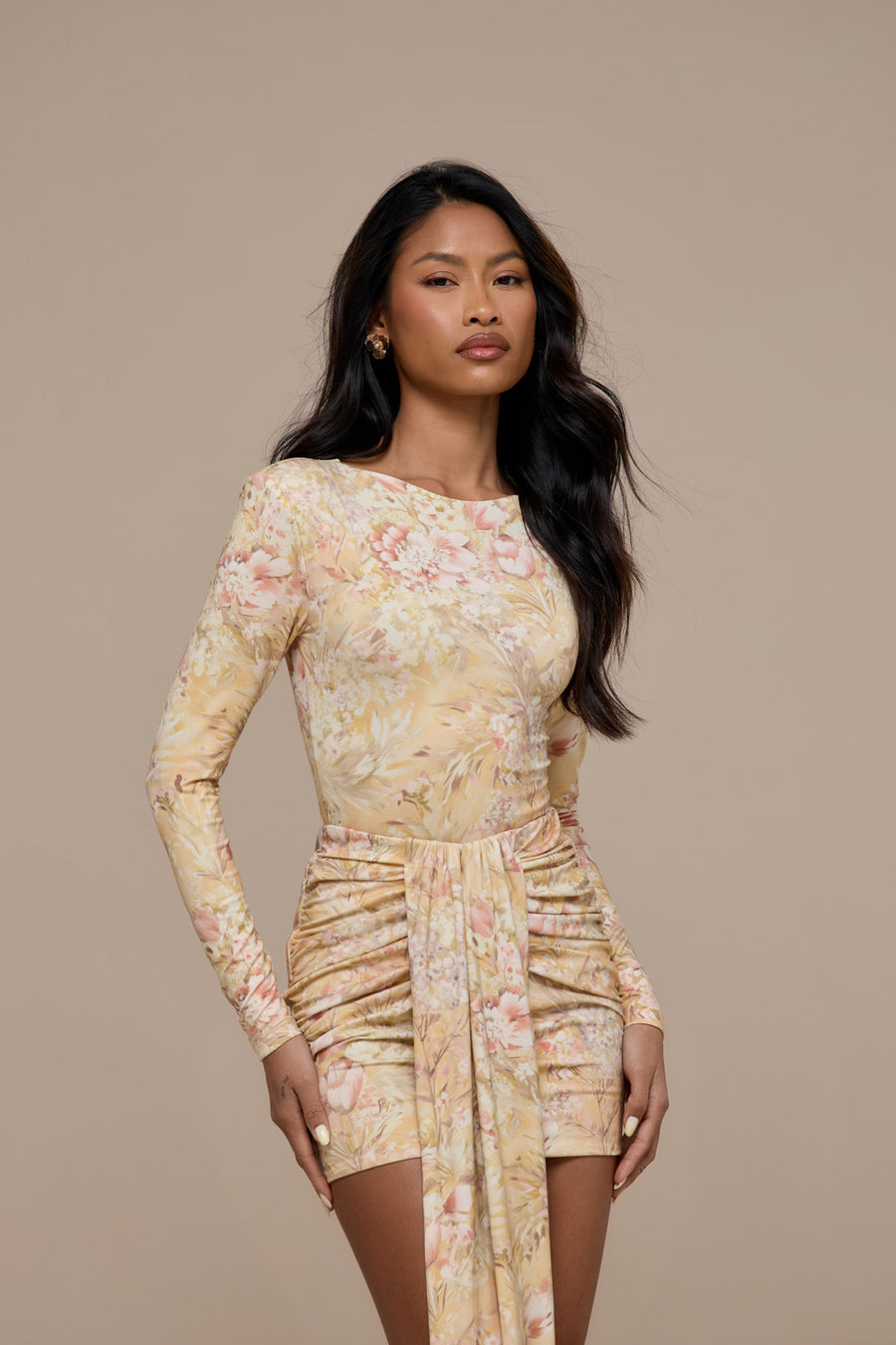 NARA LONG SLEEVE BOAT NECK BODYSUIT | YELLOW FLORAL