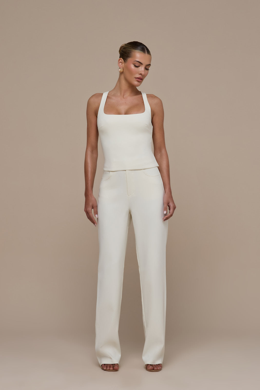 OLIVIA STRAIGHT LEG TROUSERS WITH ADJUSTABLE WAIST | CREAM