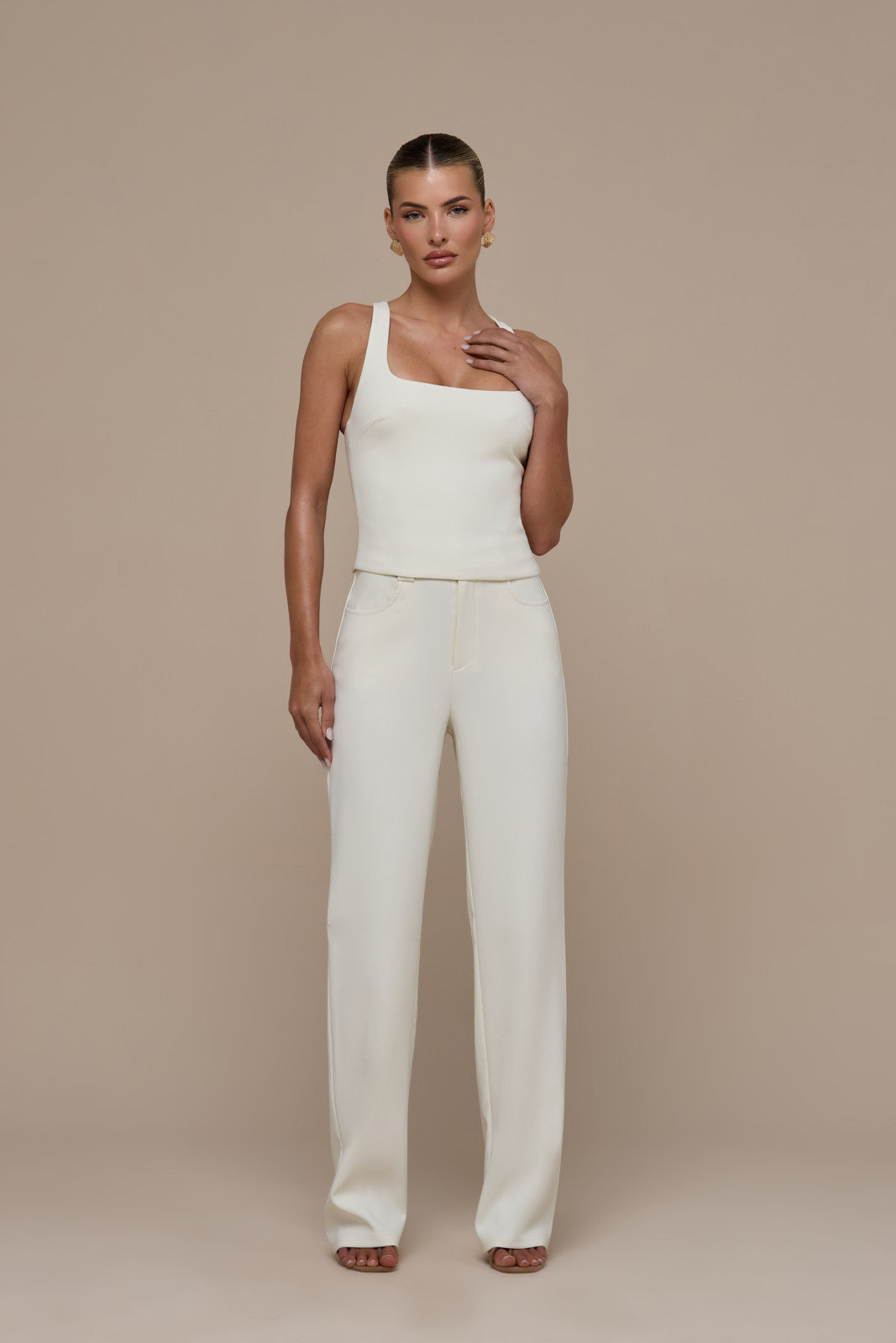 OLIVIA STRAIGHT LEG TROUSERS WITH ADJUSTABLE WAIST | CREAM