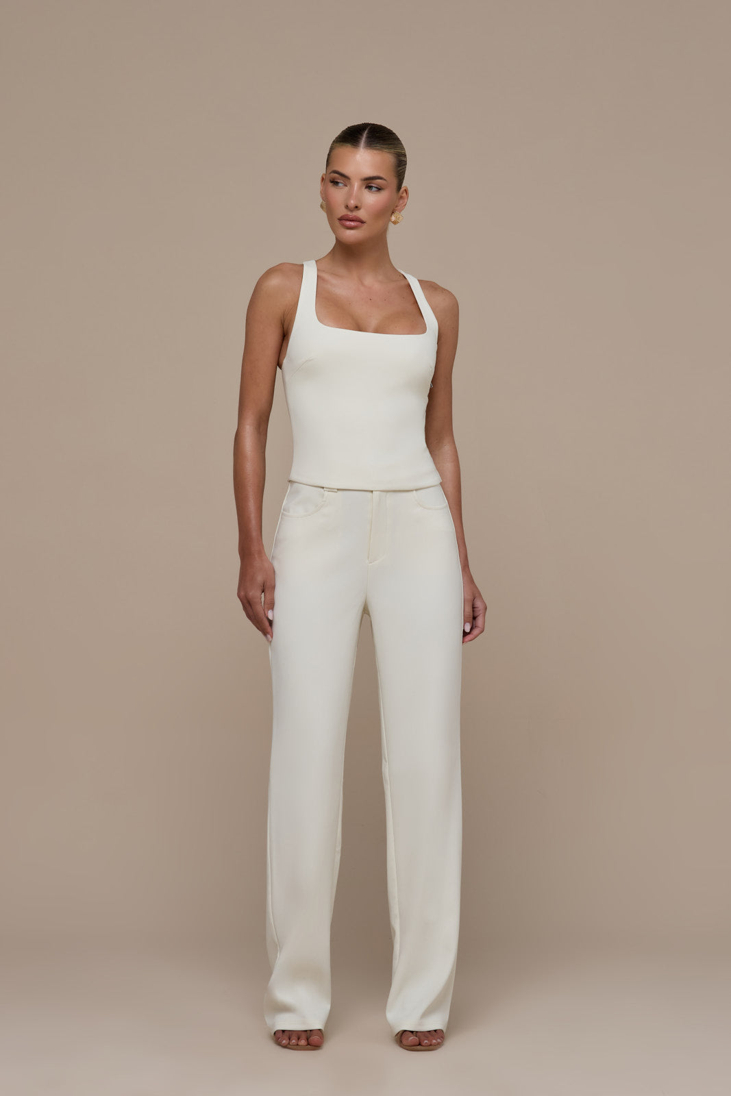 OLIVIA STRAIGHT LEG TROUSERS WITH ADJUSTABLE WAIST | CREAM