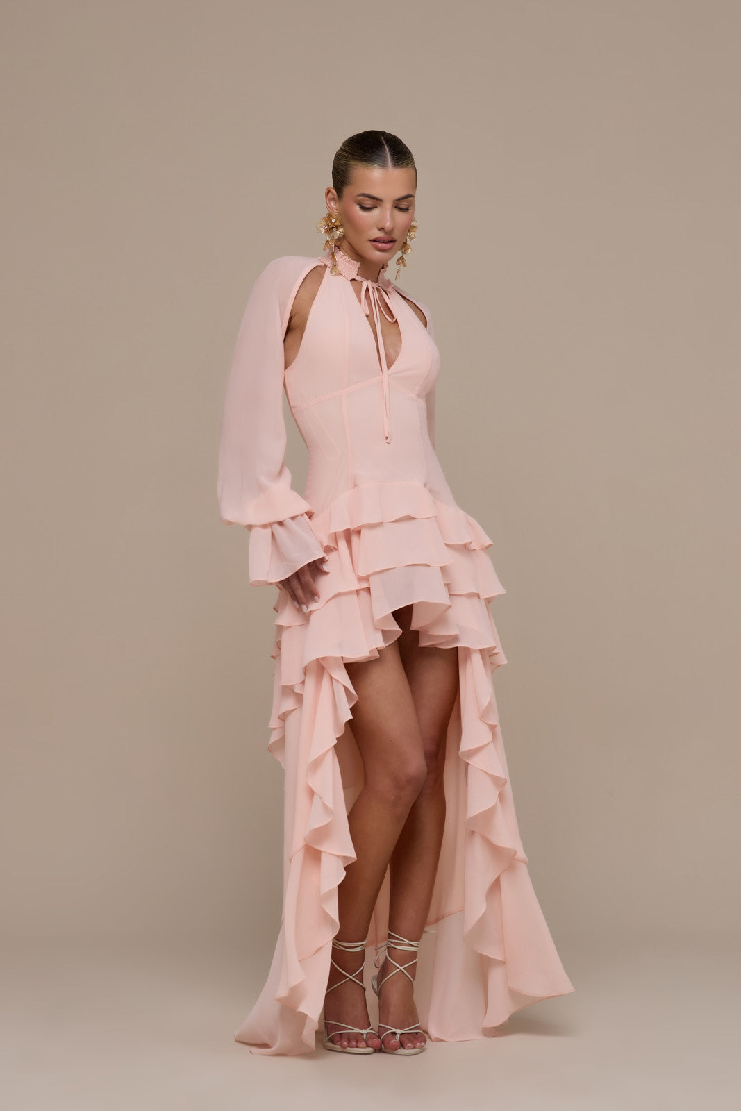 FLEUR LONG SLEEVE TIERED RUFFLE MINI DRESS | BABY PINK