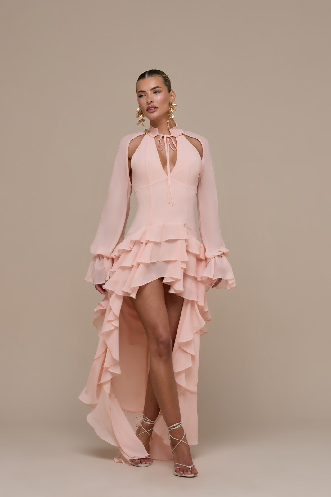 FLEUR LONG SLEEVE TIERED RUFFLE MINI DRESS | BABY PINK