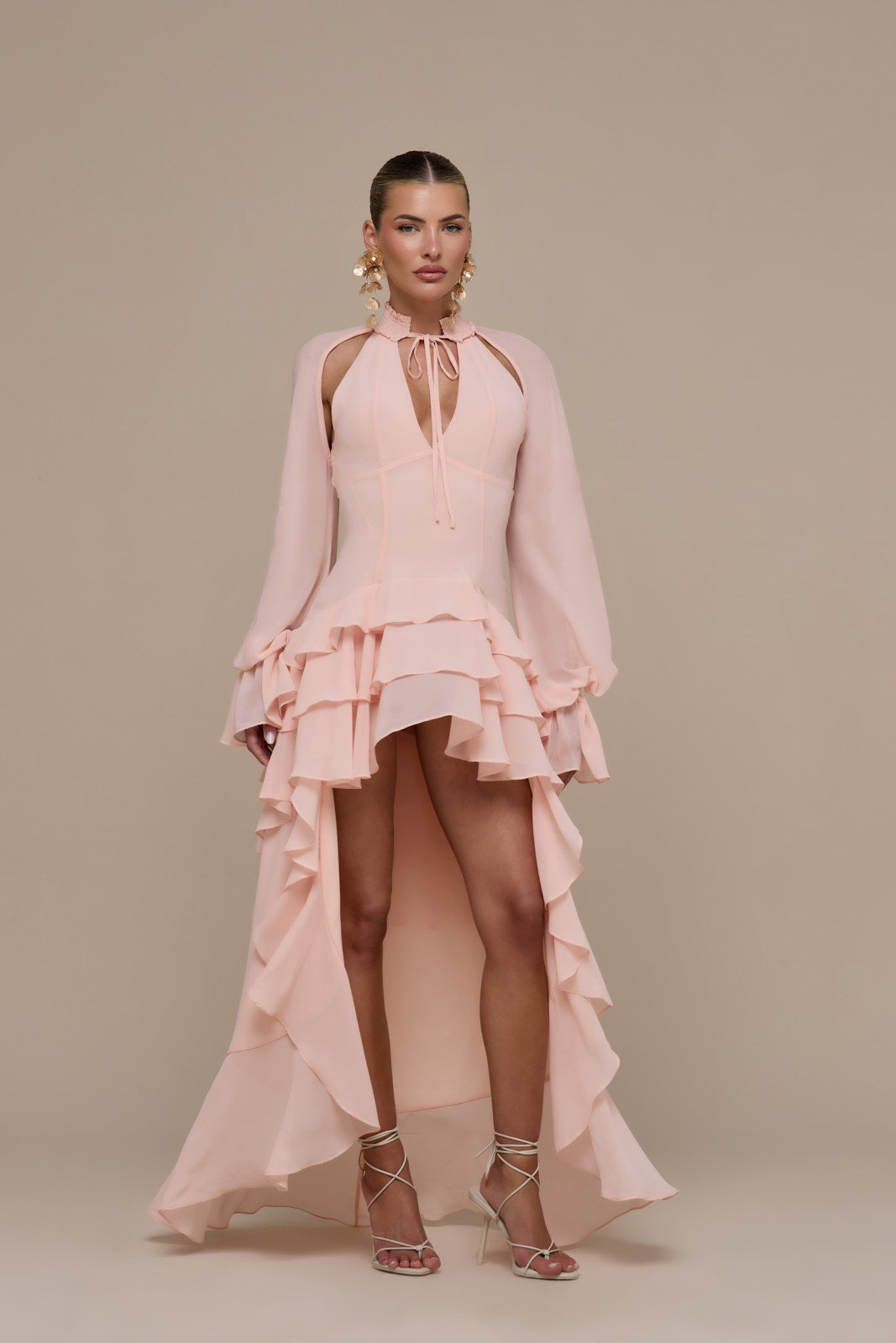 FLEUR LONG SLEEVE TIERED RUFFLE MINI DRESS | BABY PINK