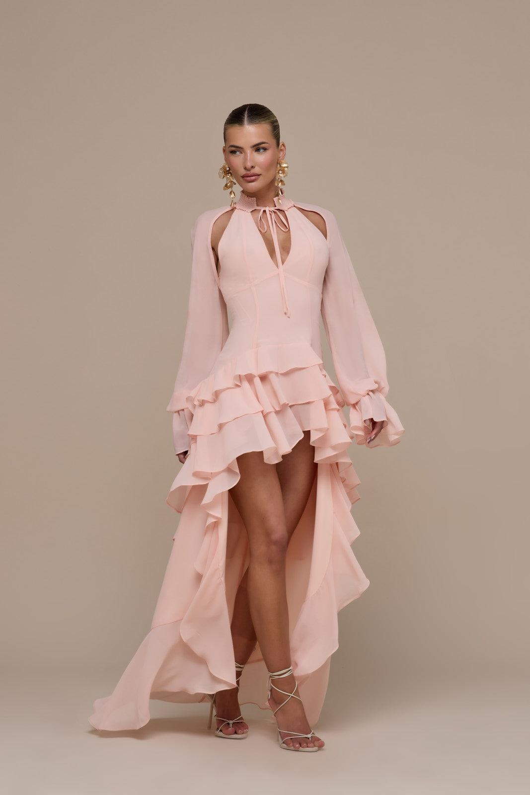 FLEUR LONG SLEEVE TIERED RUFFLE MINI DRESS | BABY PINK