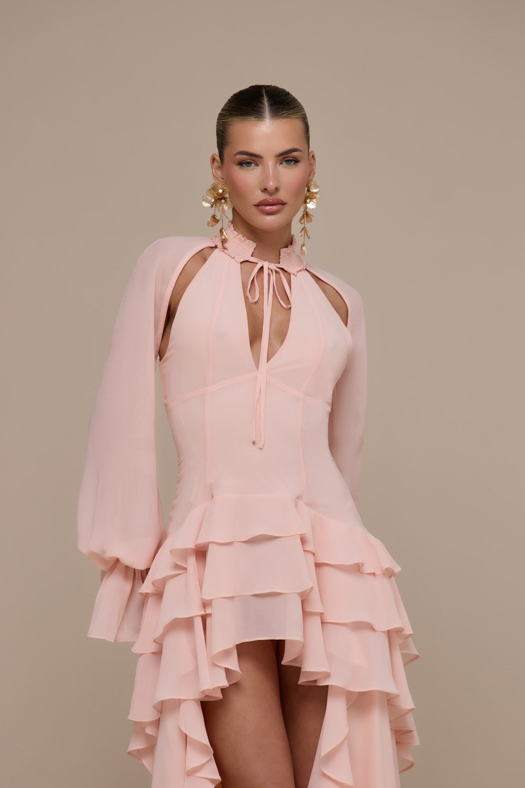 FLEUR LONG SLEEVE TIERED RUFFLE MINI DRESS | BABY PINK