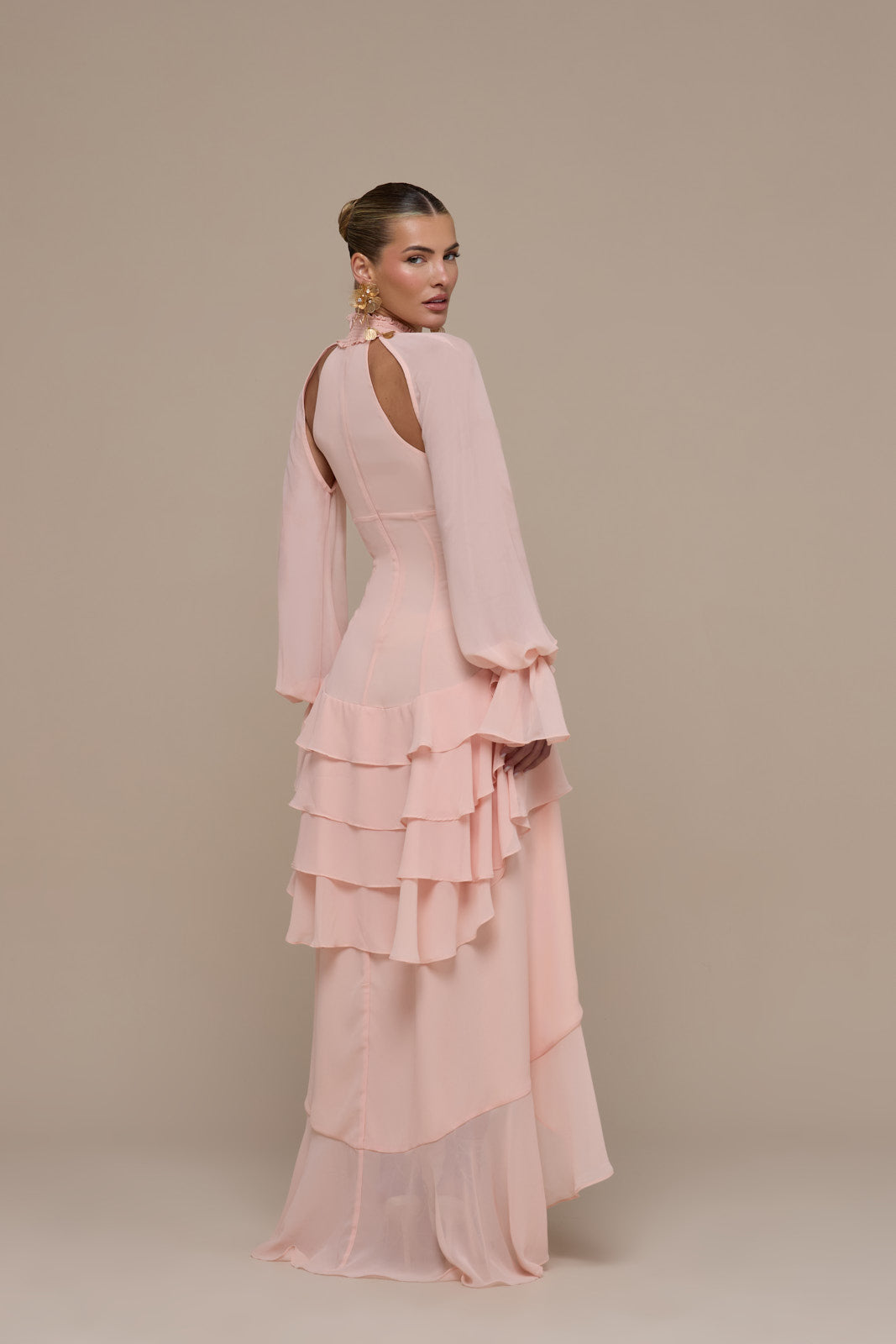 FLEUR LONG SLEEVE TIERED RUFFLE MINI DRESS | BABY PINK