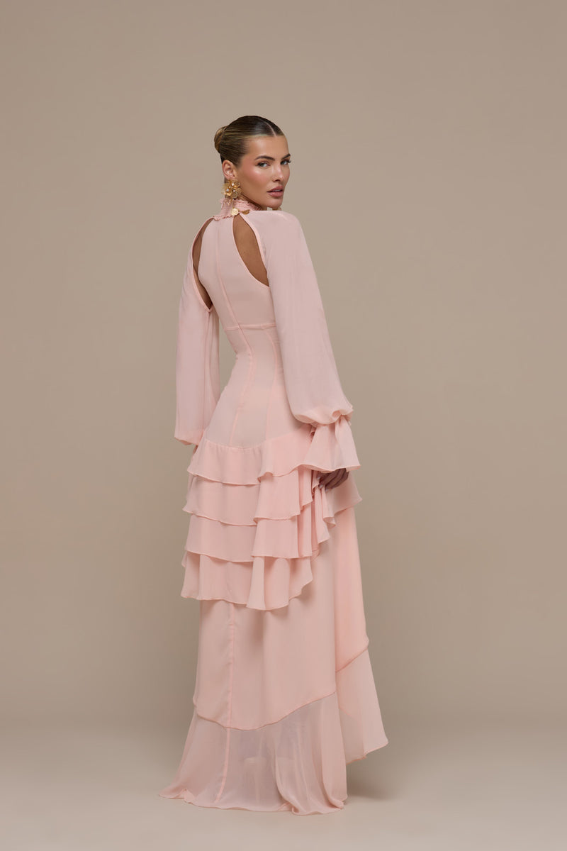 FLEUR LONG SLEEVE TIERED RUFFLE MINI DRESS | BABY PINK