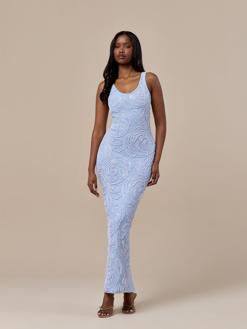 CALLA KNITTED MAXI DRESS WITH SEQUIN DETAIL | BABY BLUE