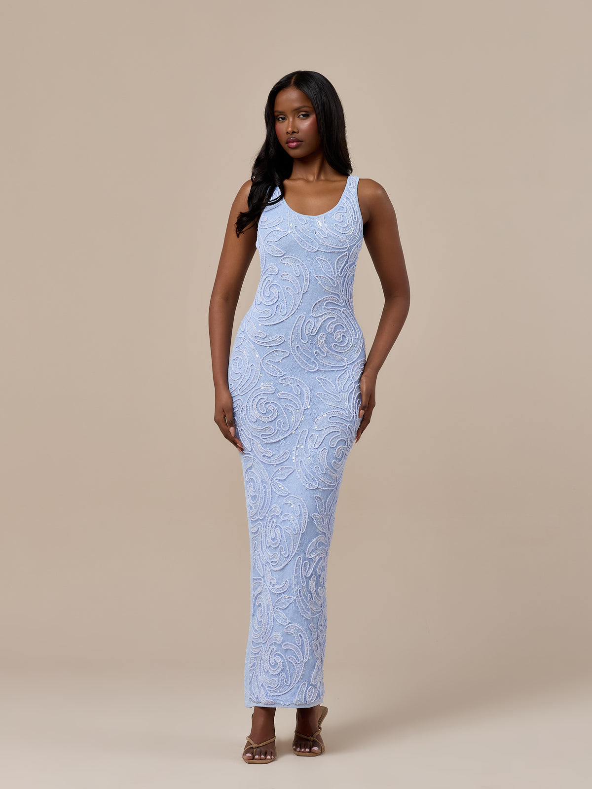 CALLA KNITTED MAXI DRESS WITH SEQUIN DETAIL | BABY BLUE