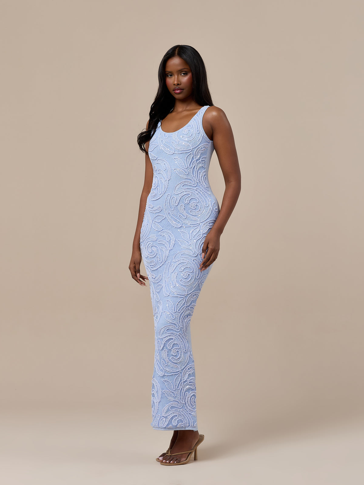 CALLA KNITTED MAXI DRESS WITH SEQUIN DETAIL | BABY BLUE