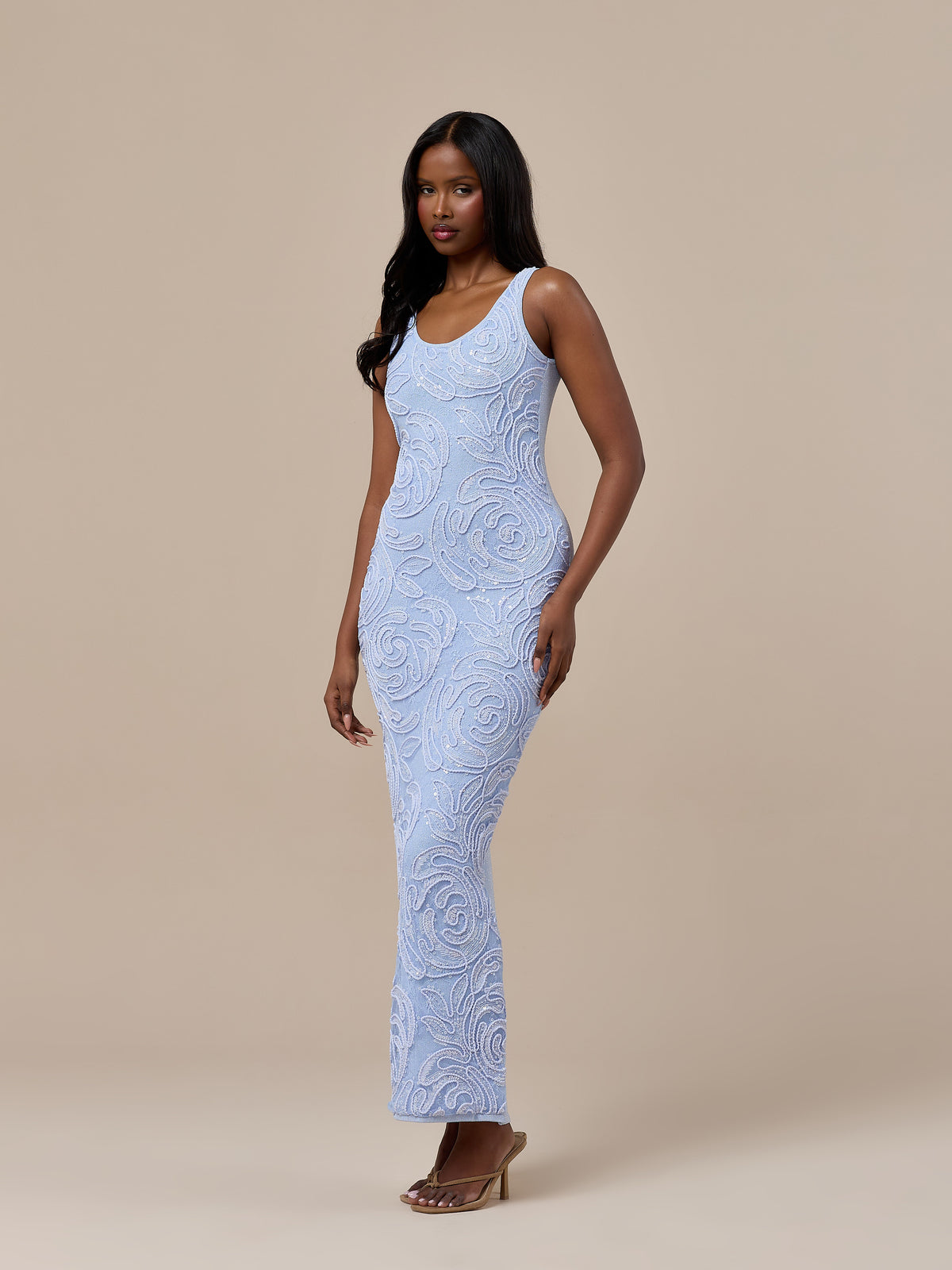 CALLA KNITTED MAXI DRESS WITH SEQUIN DETAIL | BABY BLUE